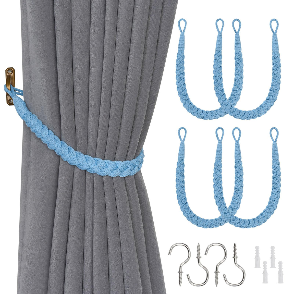 NICEEC 2 Pack Natural Cotton Rope Curtain Tiebacks Elegant Boho Style Decorative Drape Tie Backs Soft Hand-Woven Rope Curtain Holdbacks with Metal Hook for Home & Office Drapery (Coffee)