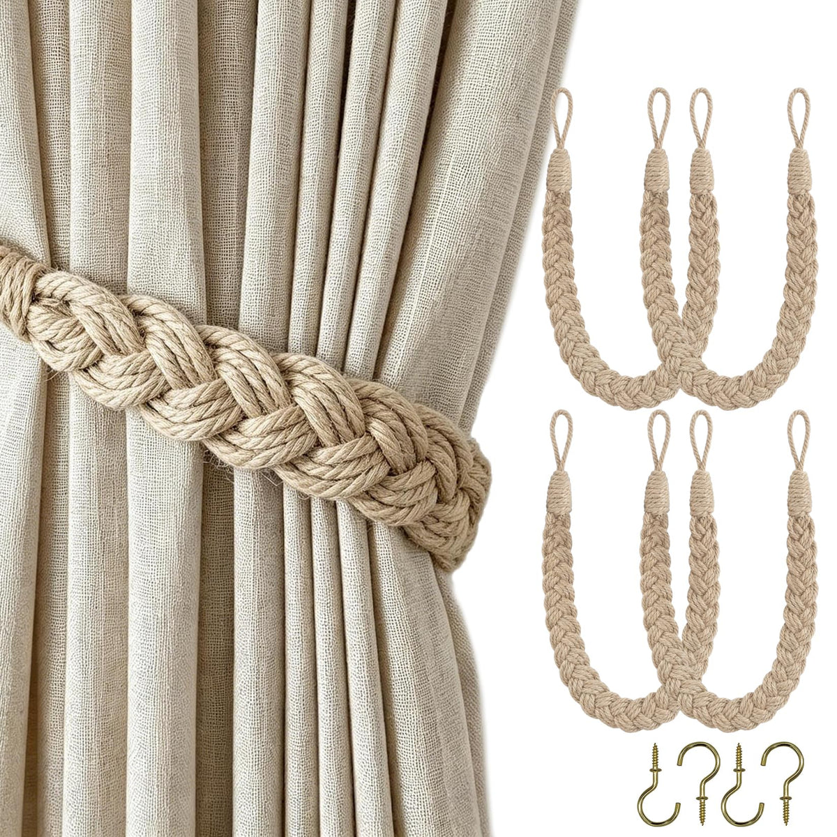 Home Queen Hand Braided Curtain Tieback, Buckle Holdback Drapery Curtain Tie Back, 2 Rope Cotton Belt Curtain Tie with 2 Metal Hooks, White