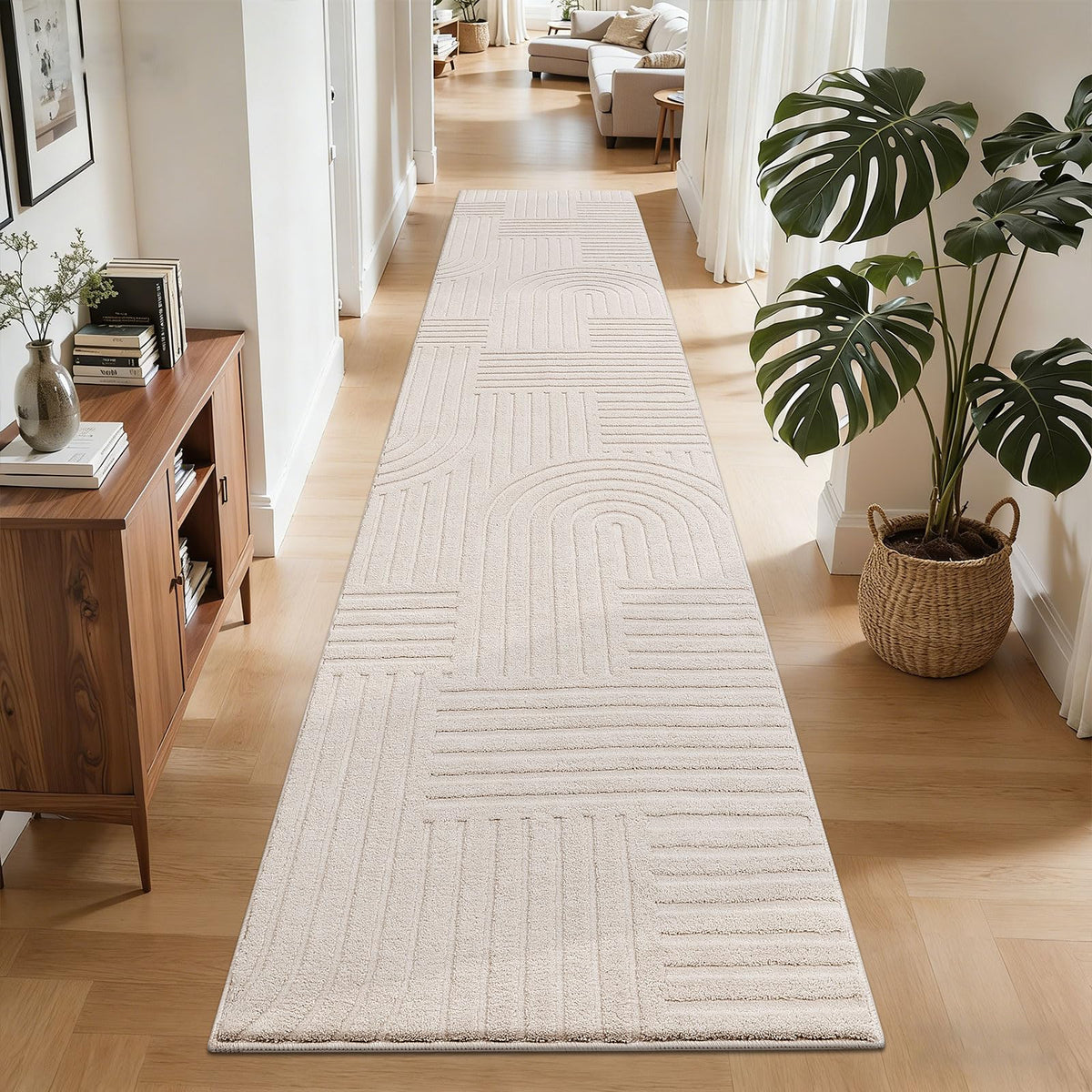 SHACOS Soft Cozy Fluffy Arch Pattern High-Low Pile Textured Area Rug 5'3"x7'3" Non Slip Washable Modern Geometric Rug Stain Resistant Contemporary Carpet for Living Room Bedroom Dining Room, Beige