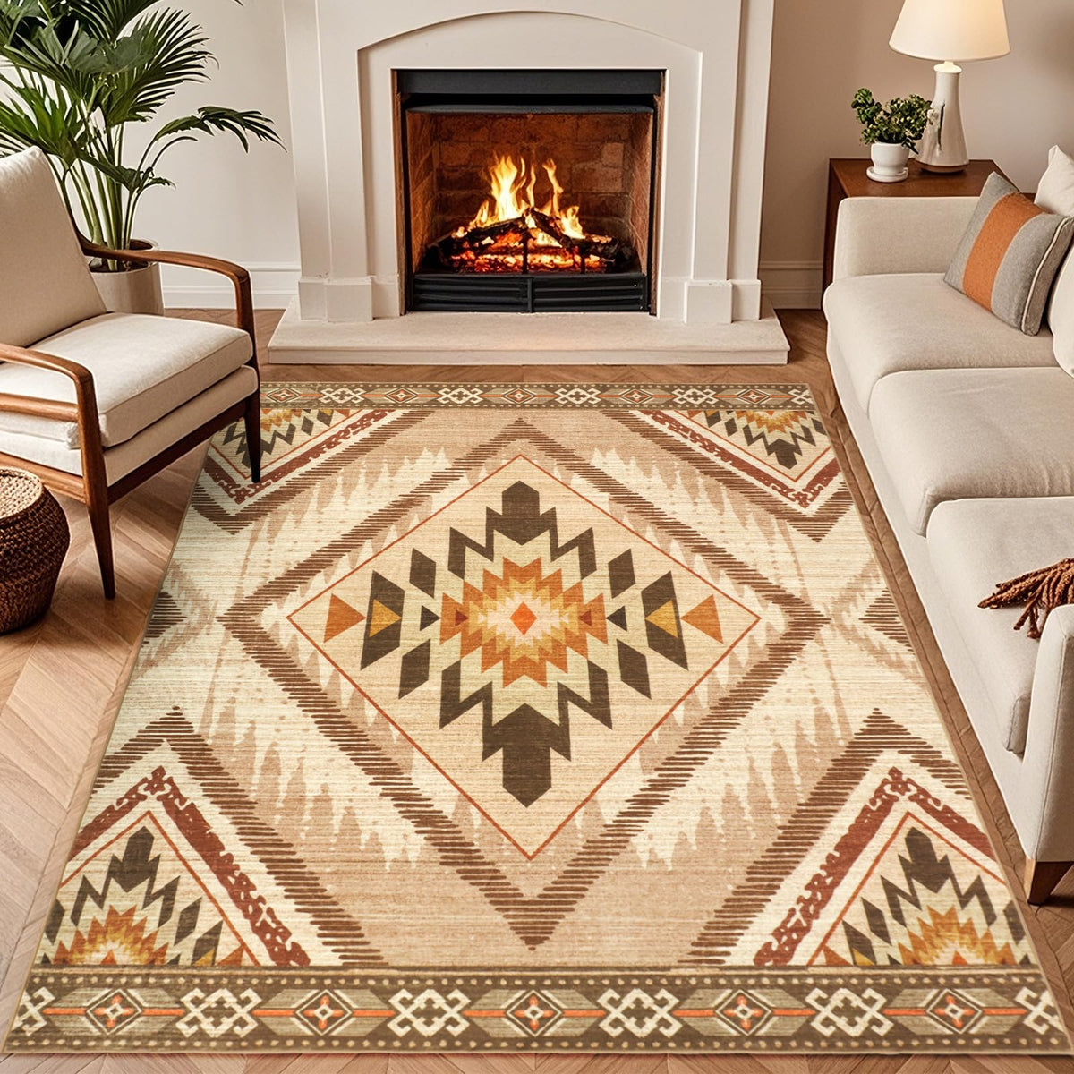 Boho Washable Rugs 5x7ft Non Slip, Low Pile Area Rug for Living Room, Brown Moroccan Bedroom Carpets, Non Shedding Soft Floor Carpet for Dining Room Bathroom Nursery Kitchen Office