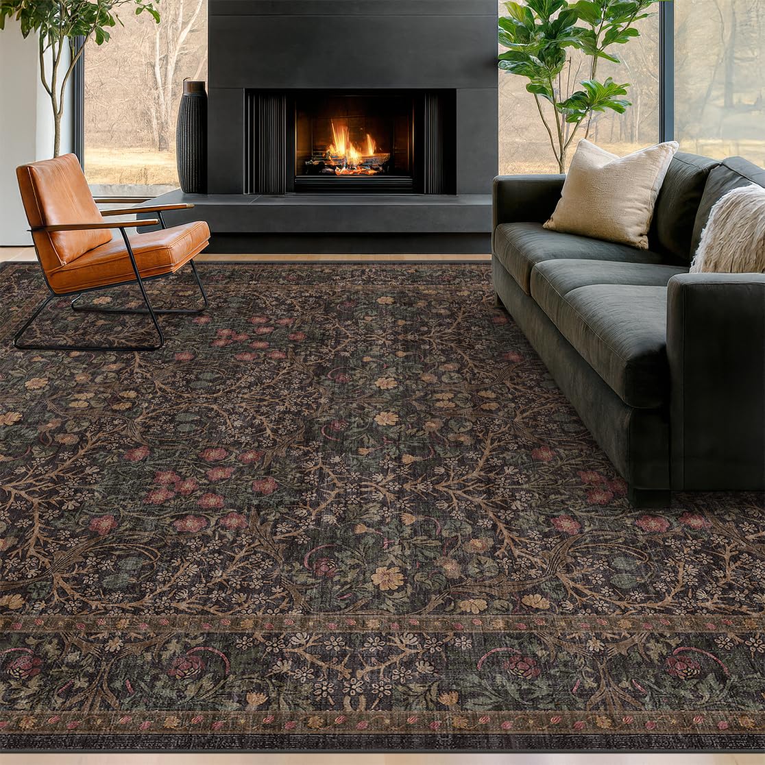 Floral Dark Green Washable Area Rugs 8x10, Vintage Living Room Rug