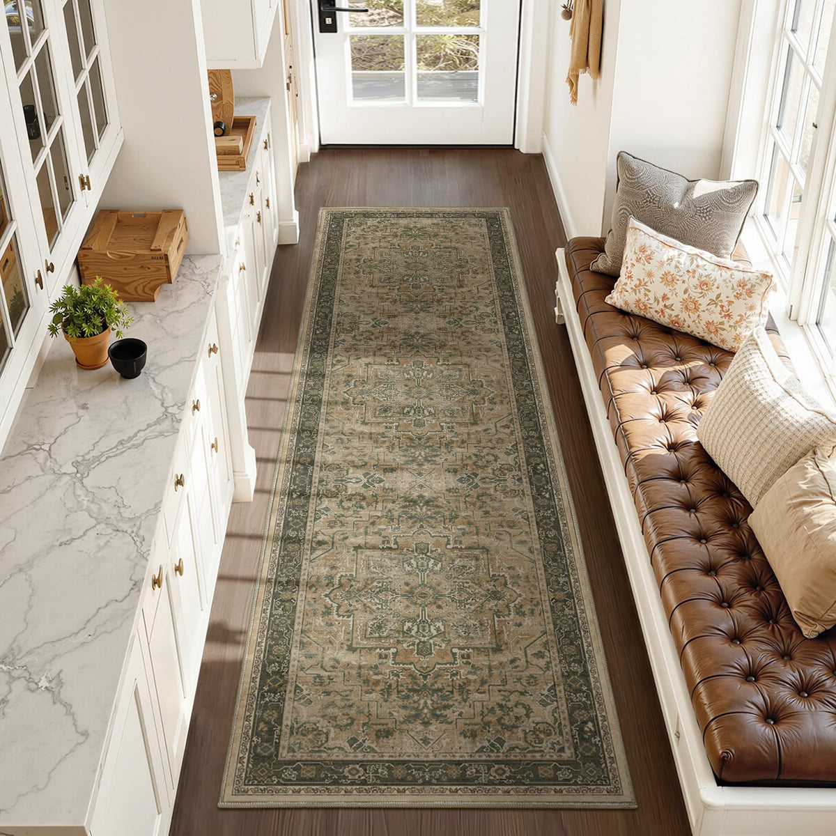 Vintage Distressed 5x7 Area Rugs for Living Room Bedroom Non Slip Washable, Medallion Pattern Printed Low Pile Thin Carpet Rugs for Dining Room/Kitchen/Home Office, Multi Brown Olive Accents