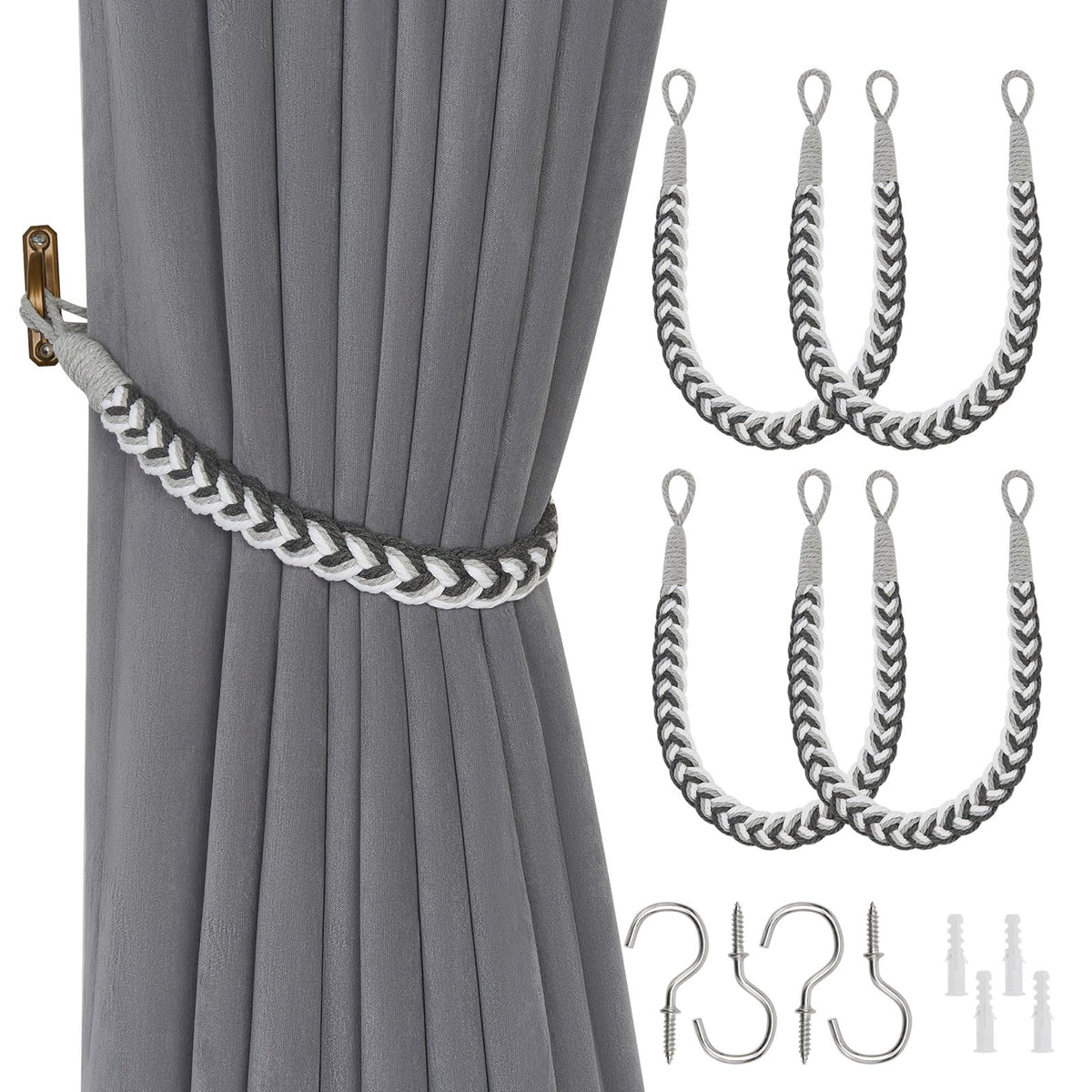 NICEEC 2 Pack Natural Cotton Rope Curtain Tiebacks Elegant Boho Style Decorative Drape Tie Backs Soft Hand-Woven Rope Curtain Holdbacks with Metal Hook for Home & Office Drapery (Coffee)