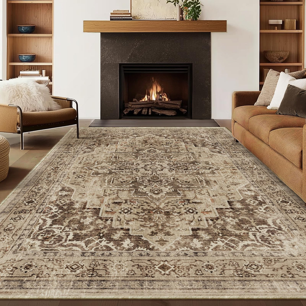 Vintage Distressed 5x7 Area Rugs for Living Room Bedroom Non Slip Washable, Medallion Pattern Printed Low Pile Thin Carpet Rugs for Dining Room/Kitchen/Home Office, Multi Brown Olive Accents