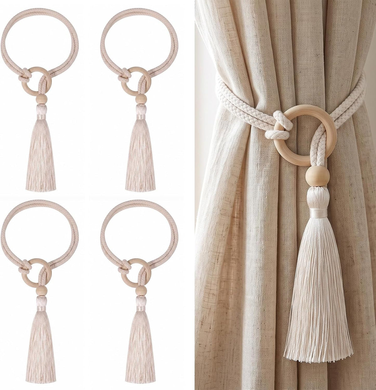 Cotton-Linen Curtain Tiebacks with Tassels (Ivory 4 Pack)