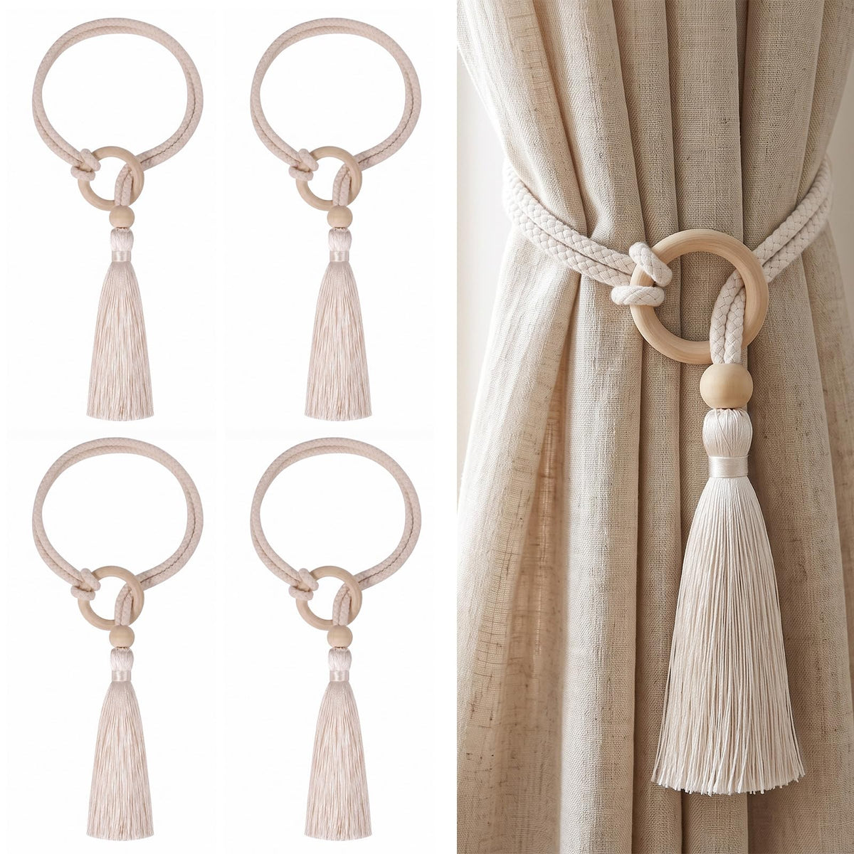 Cotton-Linen Curtain Tiebacks with Tassels (Ivory 4 Pack)