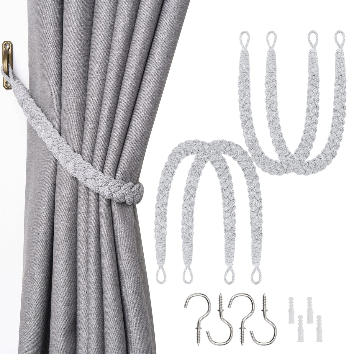NICEEC 2 Pack Natural Cotton Rope Curtain Tiebacks Elegant Boho Style Decorative Drape Tie Backs Soft Hand-Woven Rope Curtain Holdbacks with Metal Hook for Home & Office Drapery (Coffee)