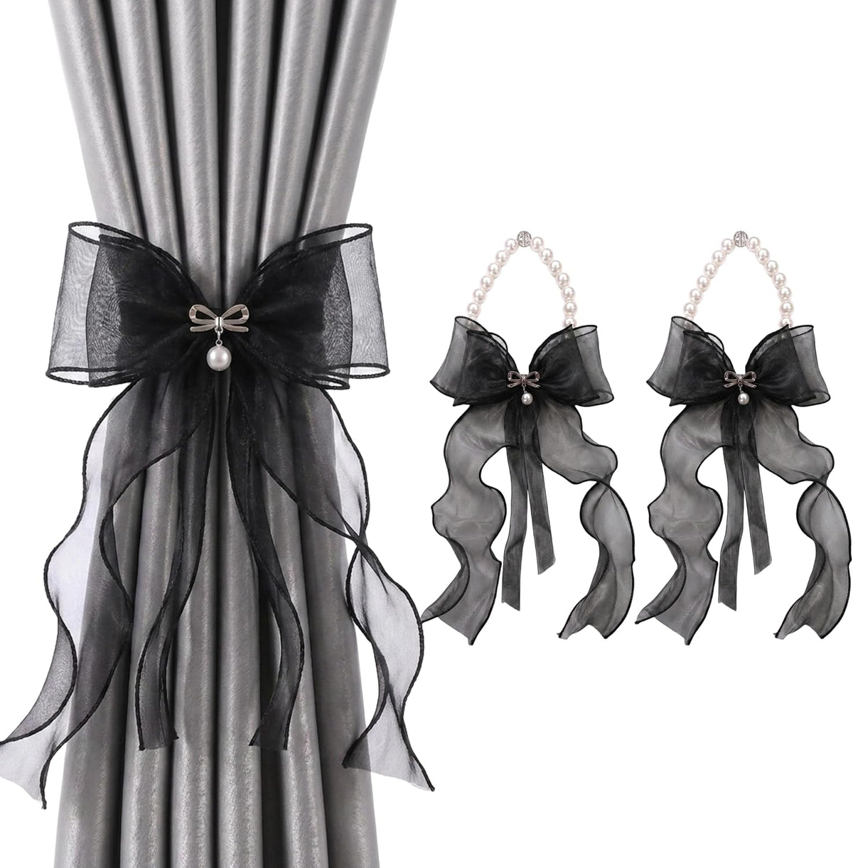 Pearl Bow Magnetic Curtain Tiebacks for Home Decor (2, Black)