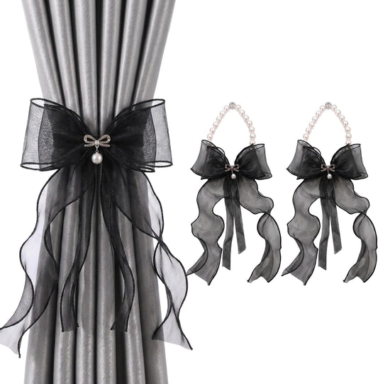 Pearl Bow Magnetic Curtain Tiebacks for Home Decor (2, Black)