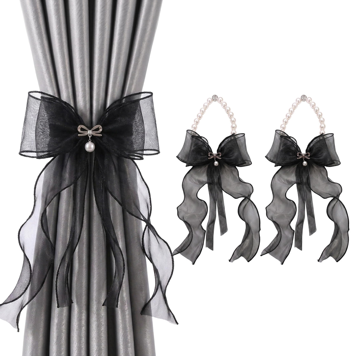 Pearl Bow Magnetic Curtain Tiebacks for Home Decor (2, Black)