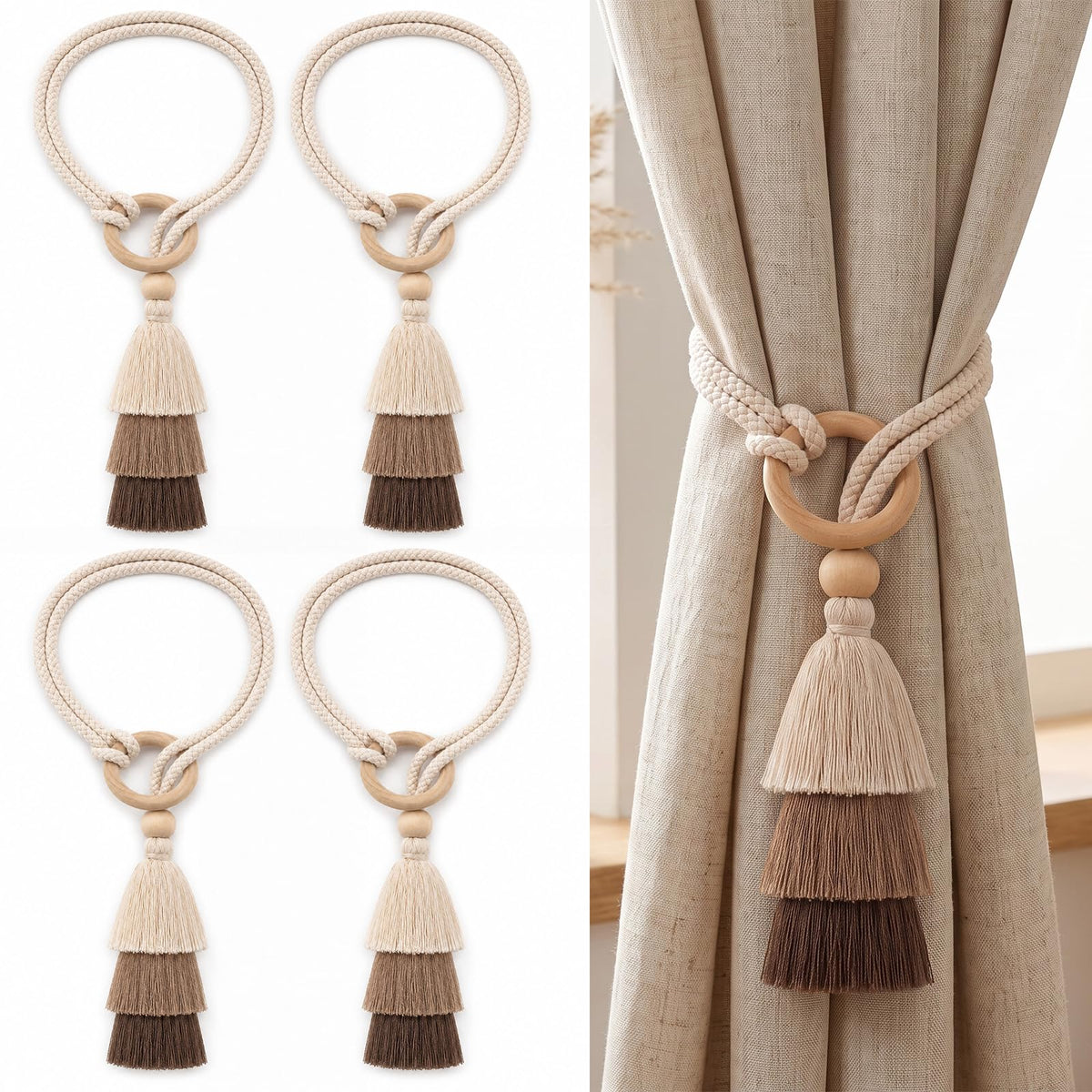 Cotton-Linen Curtain Tiebacks with Tassels (Ivory 4 Pack)