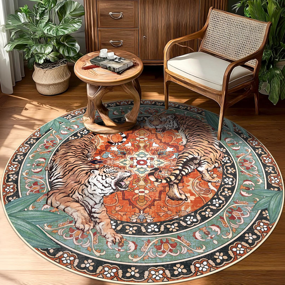 Tiger Round Area Rugs for Living Room 6ft, Boho Green Animal Print Bedroom Circle Rugs Non Slip, Washable Botanical Jungle Floor Carpet for Dining Room Entryway Nursery Playroom Office Spring