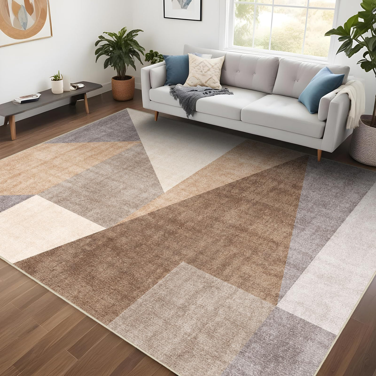 5x7 Washable Area Rug for Living Room - Non-Slip Geometric Rugs Blue Grey