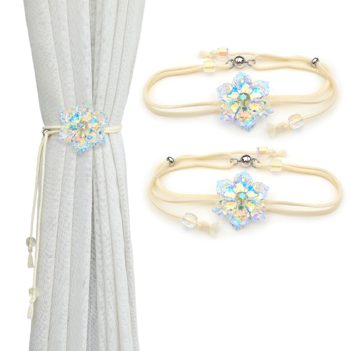 Magnetic Curtain Tiebacks, Crystal Flower Adjustable Rope Curtain Tie Backs, 2 Pack Boho Farmhouse Drapes Sheers Holdbacks for Window Home Decor (Gold)
