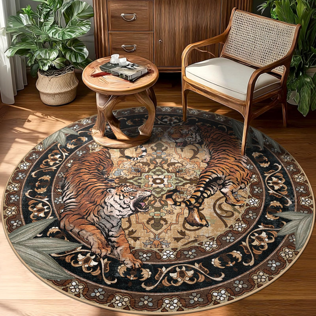 Tiger Round Area Rugs for Living Room 6ft, Boho Green Animal Print Bedroom Circle Rugs Non Slip, Washable Botanical Jungle Floor Carpet for Dining Room Entryway Nursery Playroom Office Spring