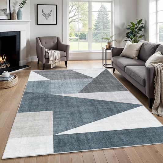 5x7 Washable Area Rug for Living Room - Non-Slip Geometric Rugs Blue Grey