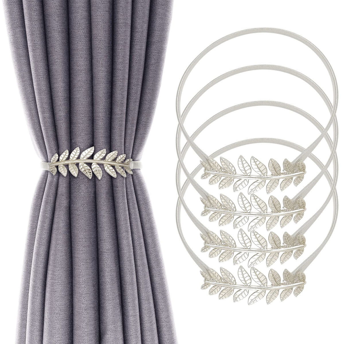 4Pack Curtain Tiebacks Aluminum Alloy Spring Design Curtain Holdback Leaf Carving Design Curtain Ties for Drapes Curtain Ties Backs Curtain Modern Style Curtain Holdback Decor(Gold Leaf)