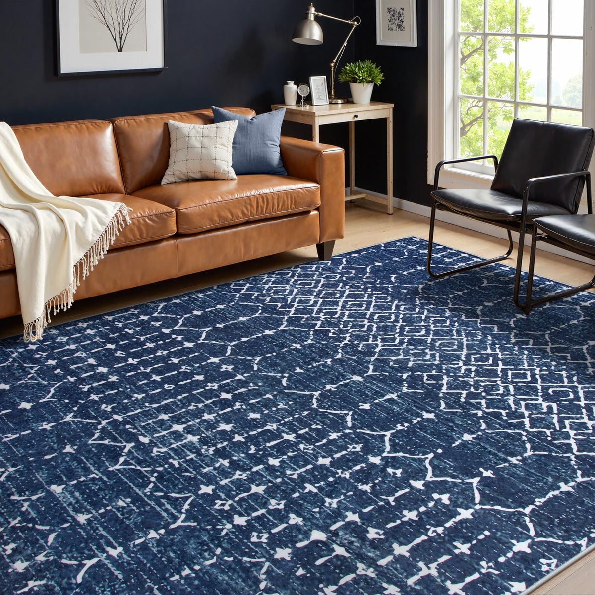 Lahome Moroccan Black Area Rug for Living Room 3x5 Non-Slip Washable Stain Resistant Large Kitchen Rugs Throw Low-Profile Soft Bedroom Carpet Geometric Print Rug for Entryway Dining Room Hana