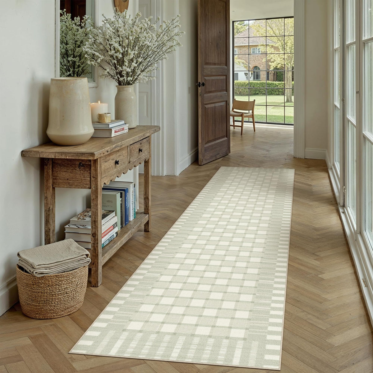 PureCozy 8x10 Washable Area Rug Living Room Beige Non Slip Checkered Carpet