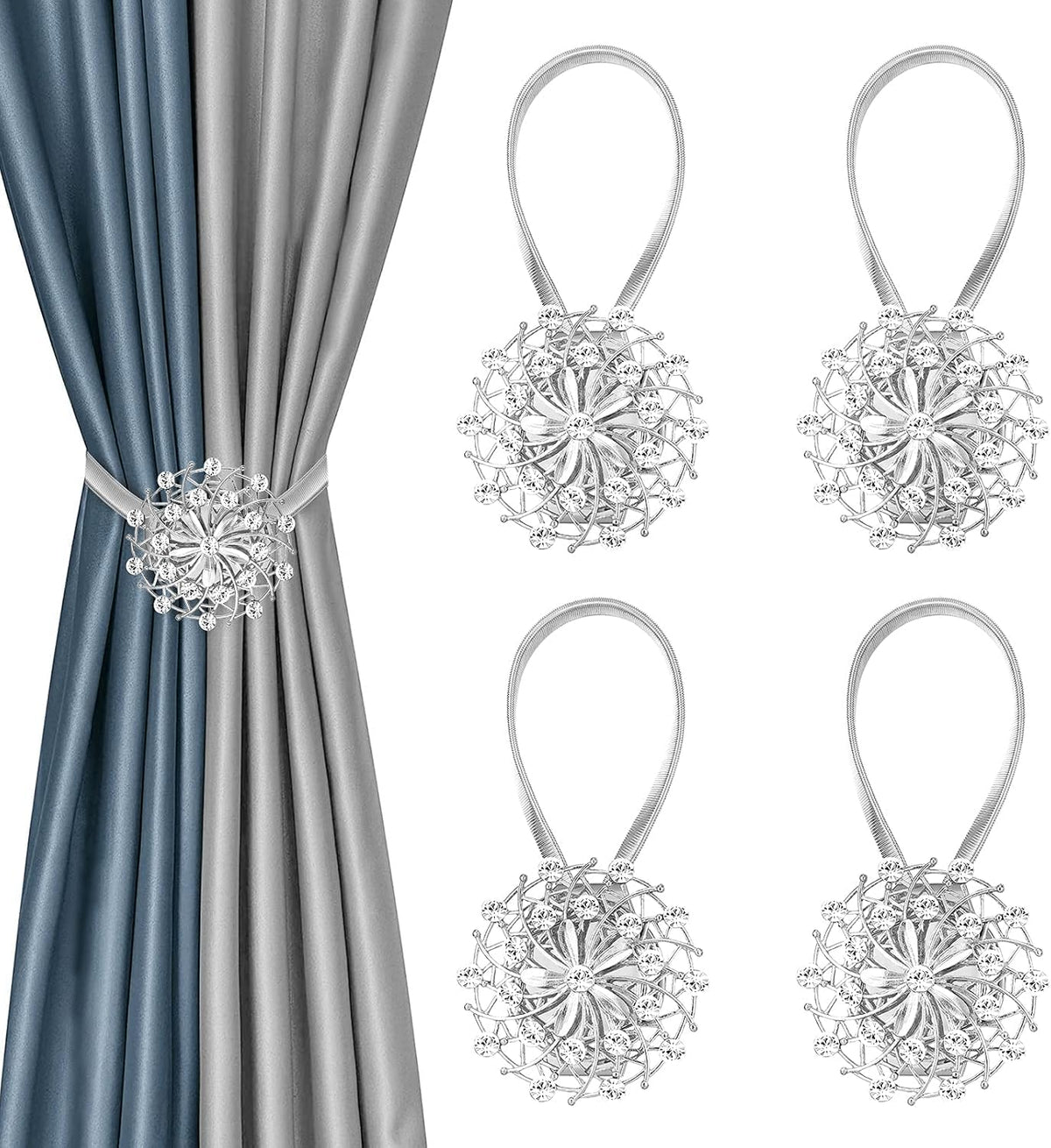 Magnetic Curtain Tiebacks 2 Pack, Silver Crystal Flower No-Drill Curtain Holdbacks with Flexible Spring Wire for Living Room Bedroom Window Decor