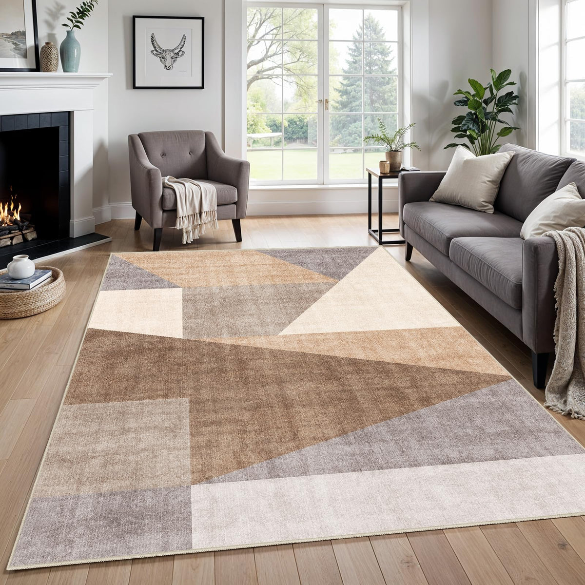 5x7 Washable Area Rug for Living Room - Non-Slip Geometric Rugs Blue Grey
