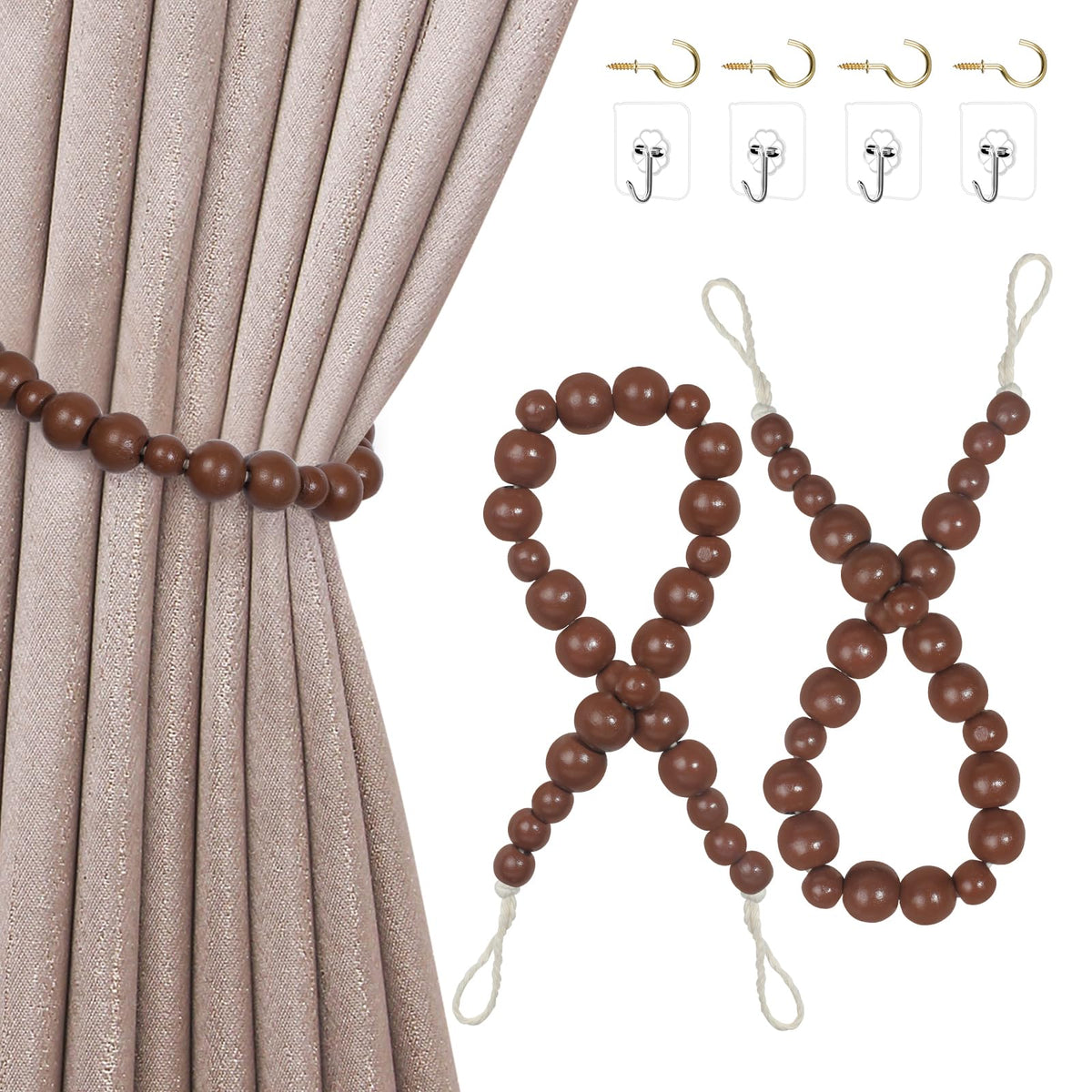 Hion 2-Pack Curtain Tiebacks,Curtain Holdbacks,Boho Wood Bead Tie Backs