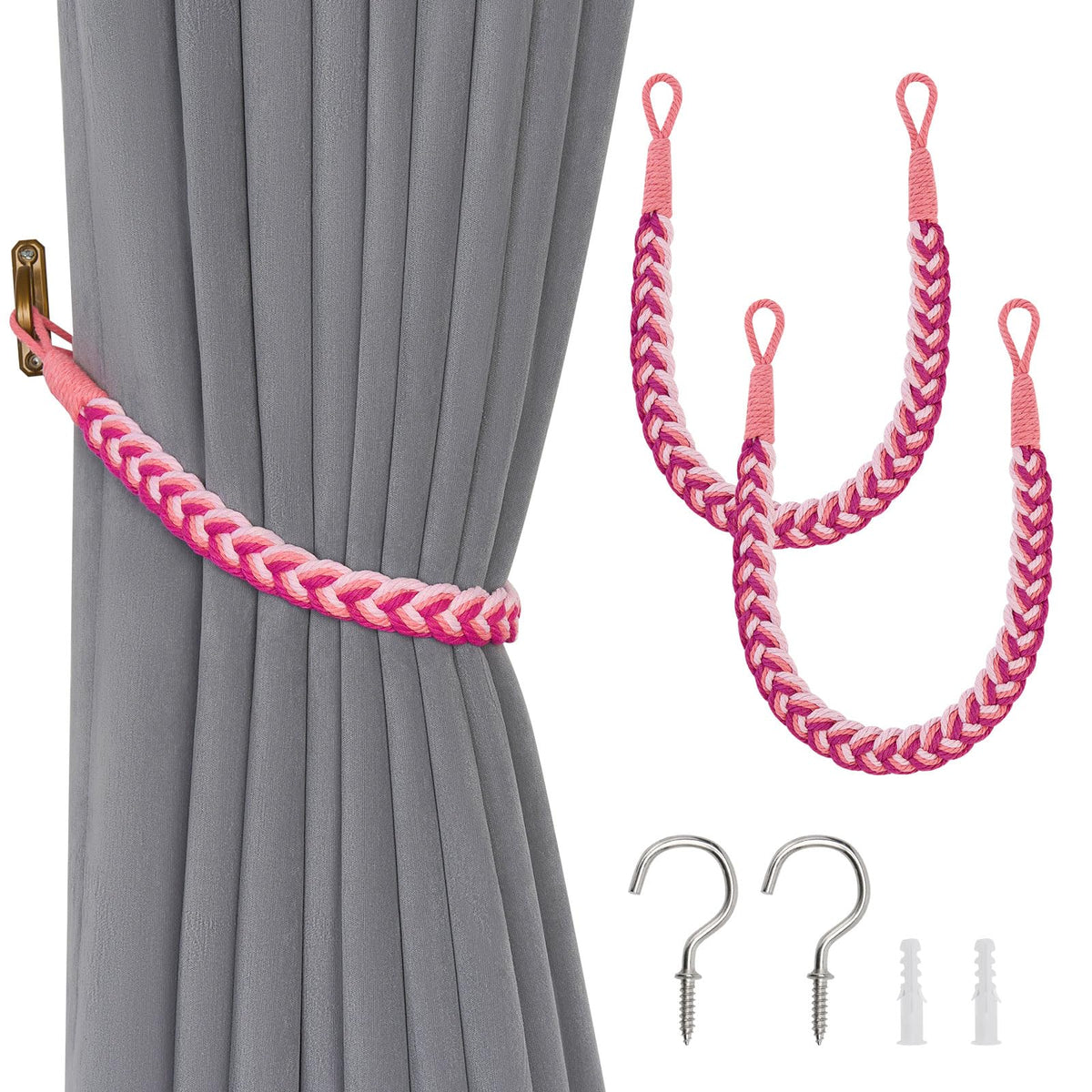 NICEEC 2 Pack Natural Cotton Rope Curtain Tiebacks Elegant Boho Style Decorative Drape Tie Backs Soft Hand-Woven Rope Curtain Holdbacks with Metal Hook for Home & Office Drapery (Coffee)