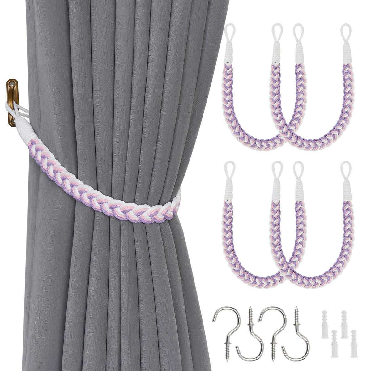 NICEEC 2 Pack Natural Cotton Rope Curtain Tiebacks Elegant Boho Style Decorative Drape Tie Backs Soft Hand-Woven Rope Curtain Holdbacks with Metal Hook for Home & Office Drapery (Coffee)