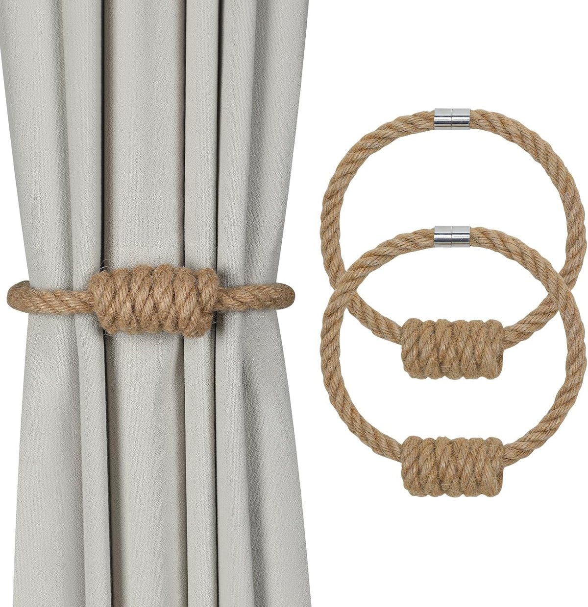 Magnetic Curtain Tiebacks, 2 Pack Jute Curtain Holdbacks, Elegant Hand Weave Rope Knot Curtain Tie Backs, Boho Curtain Tiebacks for Bedroom Room Nursery Decor