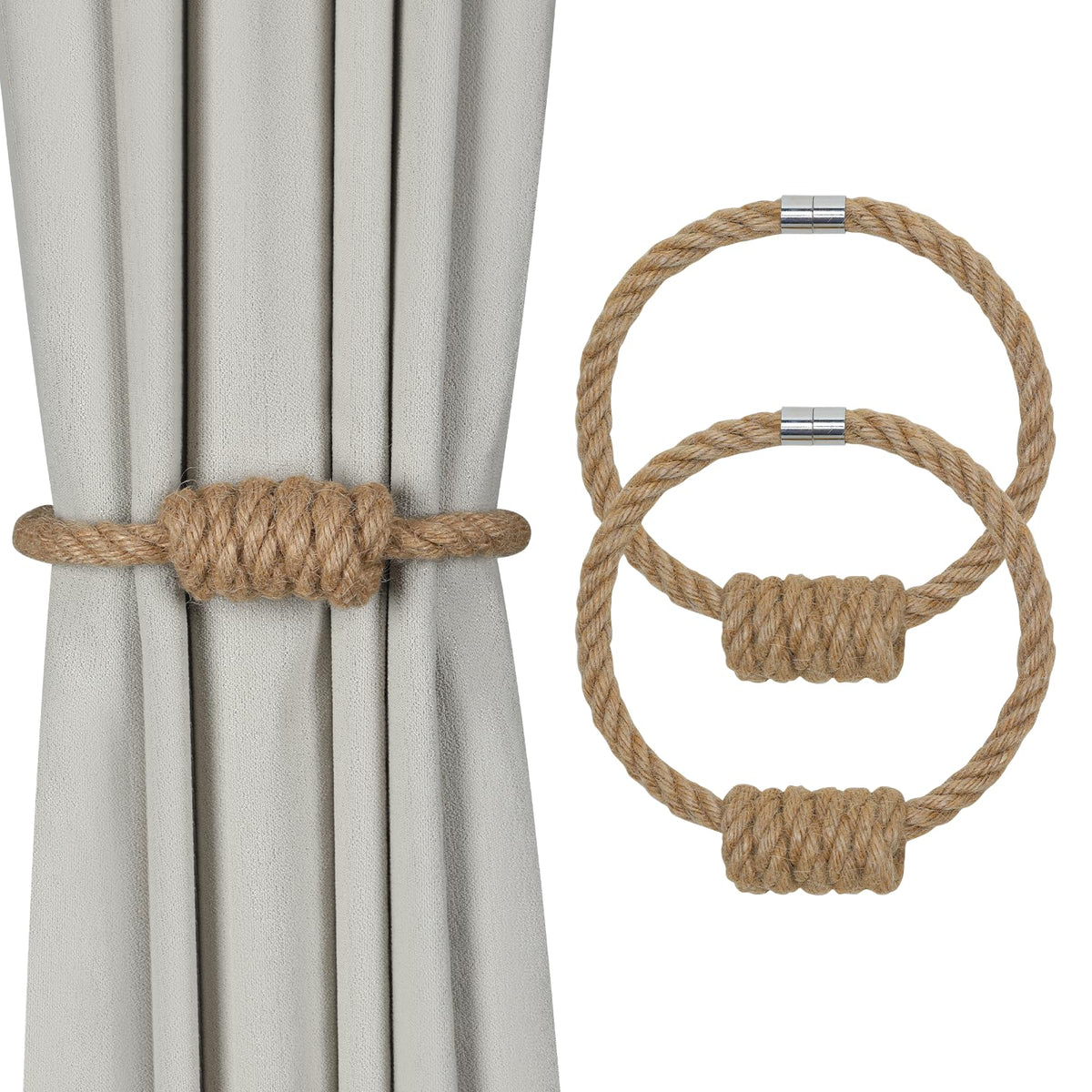Magnetic Curtain Tiebacks, 2 Pack Jute Curtain Holdbacks, Elegant Hand Weave Rope Knot Curtain Tie Backs, Boho Curtain Tiebacks for Bedroom Room Nursery Decor