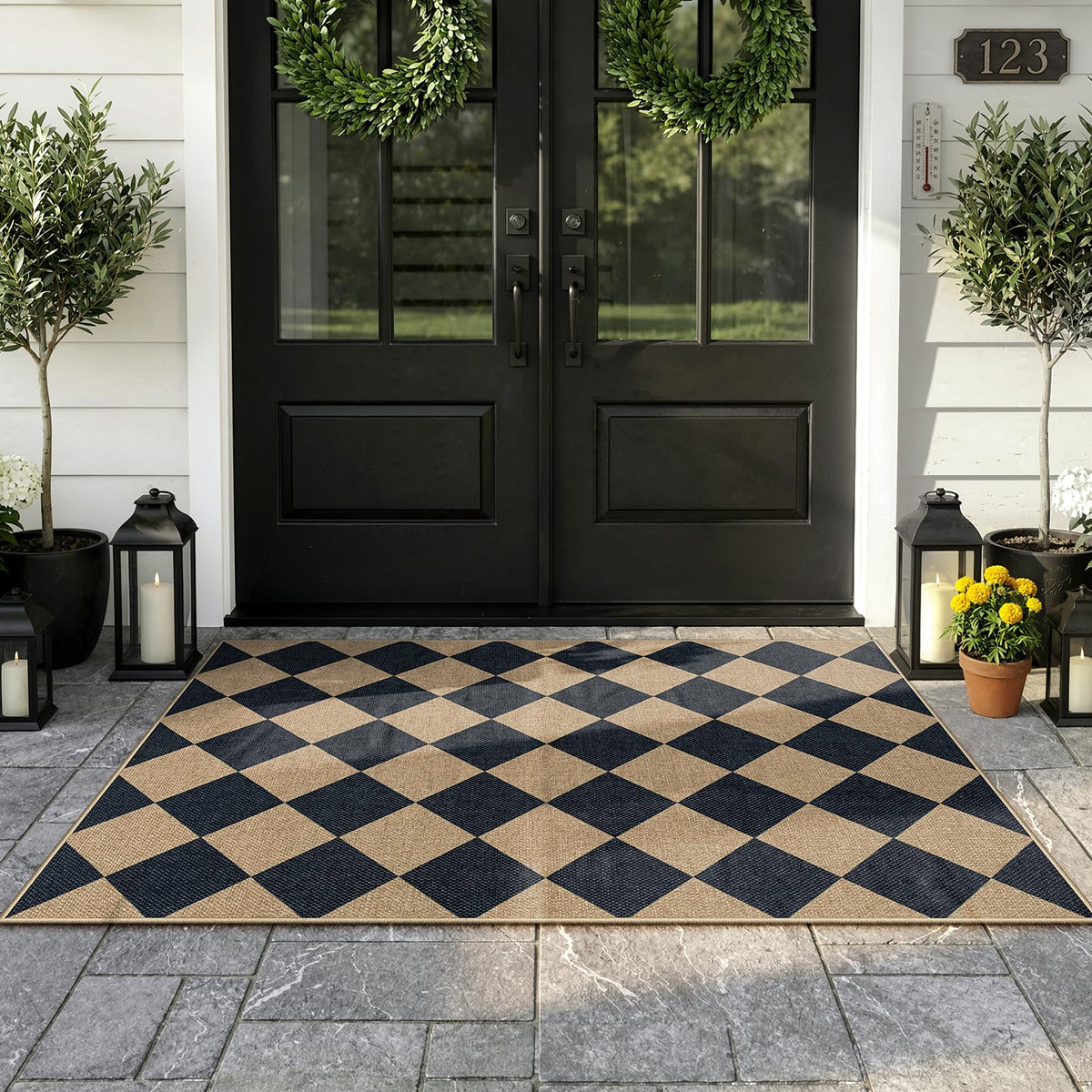 Lahome Checkered Easy Jute 5x7 Area Rugs, Washable Outdoor Patio Rug for Living Room Diamond Indoor Outdoor Carpet, Farmhouse Geometric Non Slip Black Carpet for Backyard Dining Room
