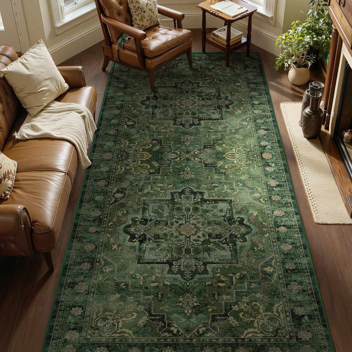 Vintage Distressed 5x7 Area Rugs for Living Room Bedroom Non Slip Washable, Medallion Pattern Printed Low Pile Thin Carpet Rugs for Dining Room/Kitchen/Home Office, Multi Brown Olive Accents