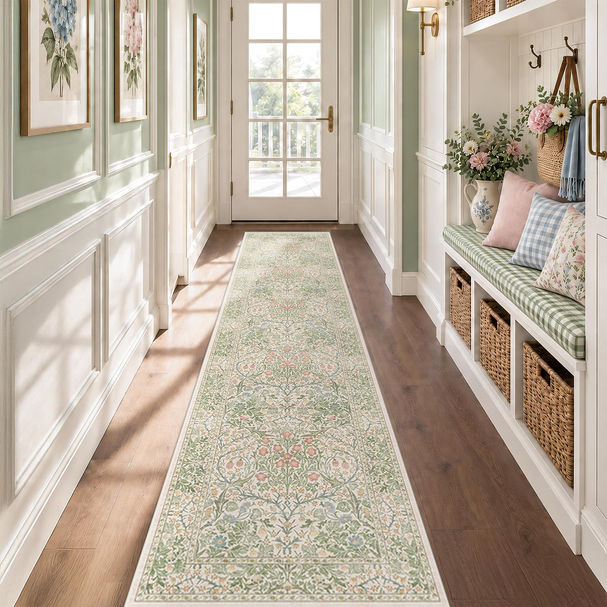 Floral Dark Green Washable Area Rugs 8x10, Vintage Living Room Rug