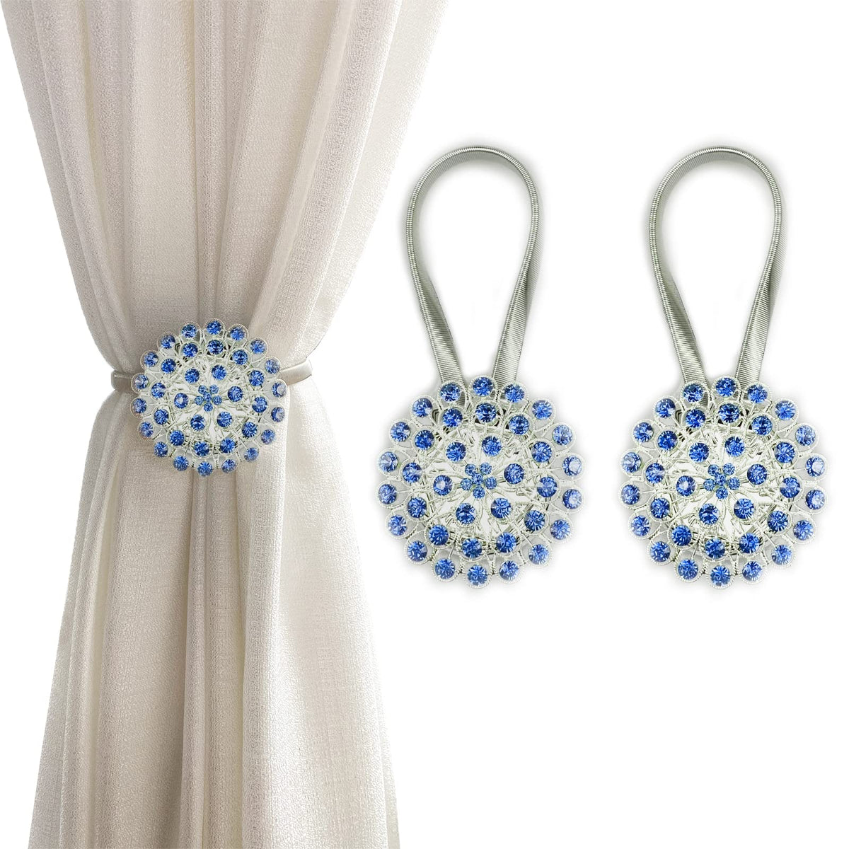 Magnetic Tiebacks for Curtains, 2 Pack Sparkling Crystal Flower Curtain Tiebacks Curtain Buckle Clips with High-Elastic Spring Wire for Home Office Decoration (White)