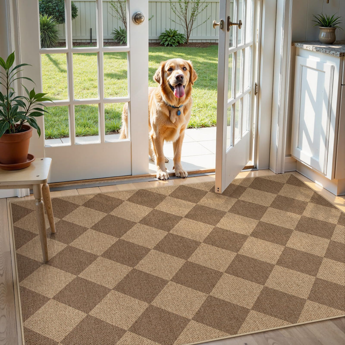 Lahome Checkered Easy Jute 5x7 Area Rugs, Washable Outdoor Patio Rug for Living Room Diamond Indoor Outdoor Carpet, Farmhouse Geometric Non Slip Black Carpet for Backyard Dining Room