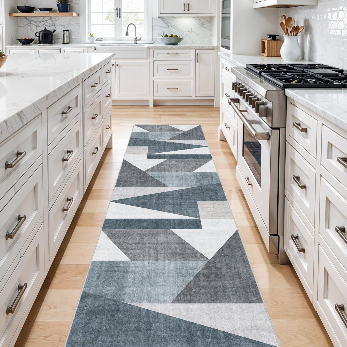 5x7 Washable Area Rug for Living Room - Non-Slip Geometric Rugs Blue Grey