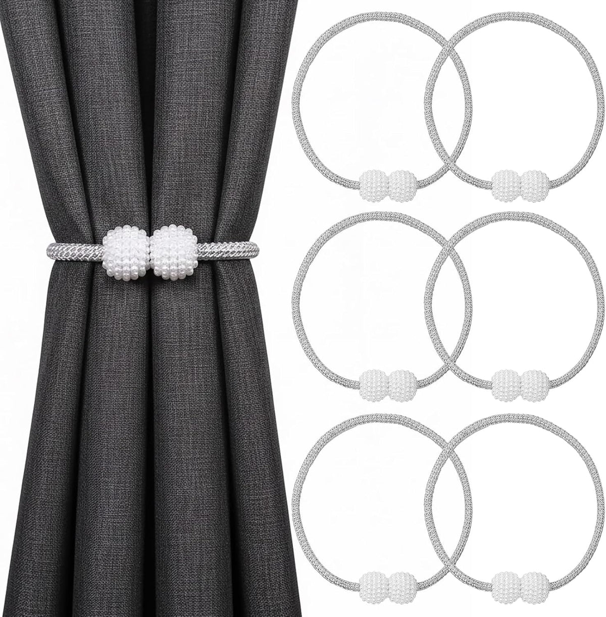 6 Pack Grey Magnetic Curtain Tiebacks with Decorative Pearl, 18.9 inch Curtain Holdbacks for Drapes, Strong Magnet Curtain Holders for Window Treatments, Home and Office Decor