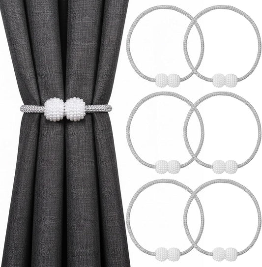 6 Pack Grey Magnetic Curtain Tiebacks with Decorative Pearl, 18.9 inch Curtain Holdbacks for Drapes, Strong Magnet Curtain Holders for Window Treatments, Home and Office Decor