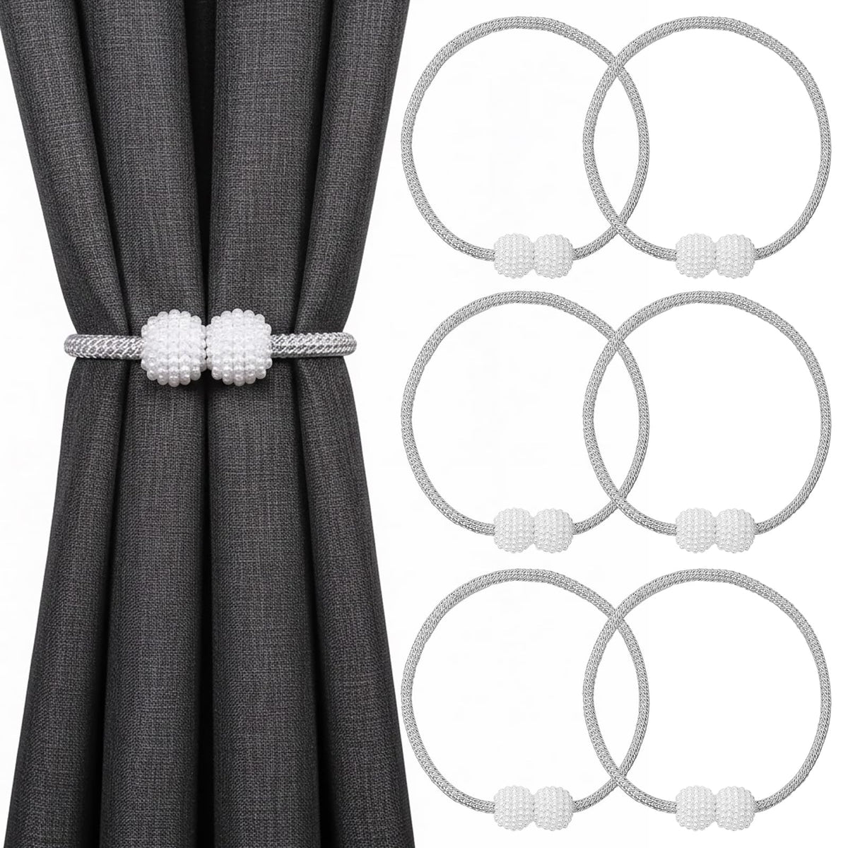 6 Pack Grey Magnetic Curtain Tiebacks with Decorative Pearl, 18.9 inch Curtain Holdbacks for Drapes, Strong Magnet Curtain Holders for Window Treatments, Home and Office Decor