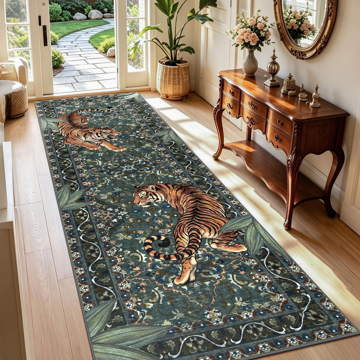 Tiger Round Area Rugs for Living Room 6ft, Boho Green Animal Print Bedroom Circle Rugs Non Slip, Washable Botanical Jungle Floor Carpet for Dining Room Entryway Nursery Playroom Office Spring