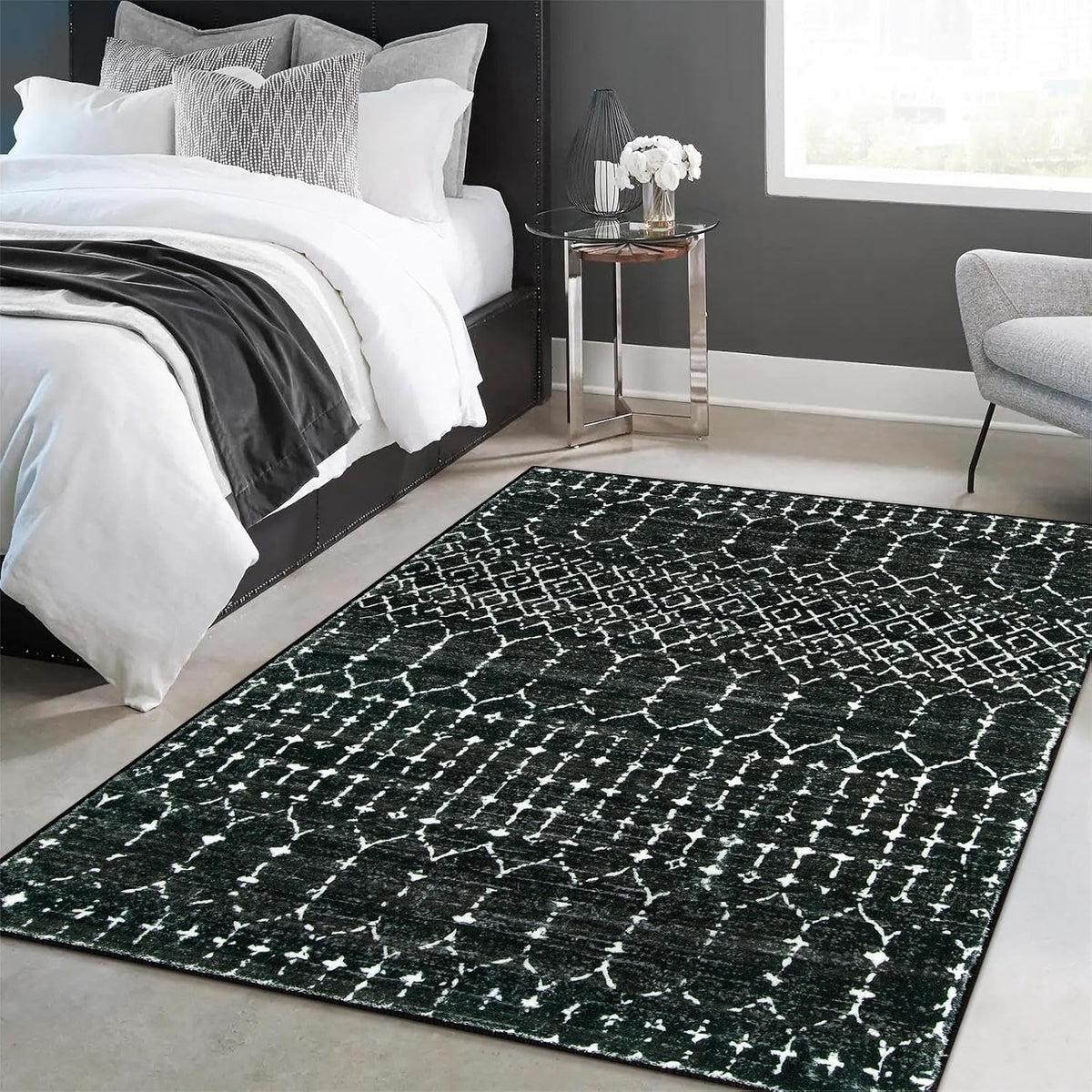 Lahome Moroccan Black Area Rug for Living Room 3x5 Non-Slip Washable Stain Resistant Large Kitchen Rugs Throw Low-Profile Soft Bedroom Carpet Geometric Print Rug for Entryway Dining Room Hana