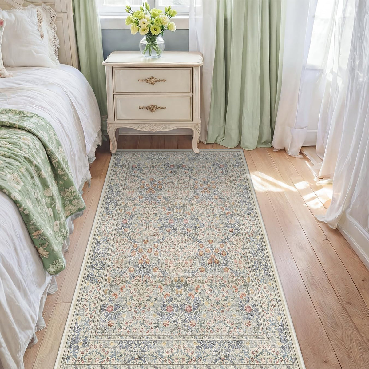 Floral Dark Green Washable Area Rugs 8x10, Vintage Living Room Rug