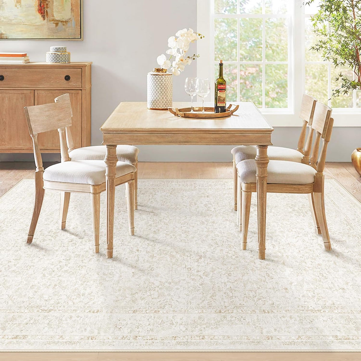 Bedroom Rug Washable Large Area Rugs Foldable Low Pile Print Non Slip Boho Patterned Rugs for Bedroom Living Room Dining Home Office (Floral Beige, 5'x7')