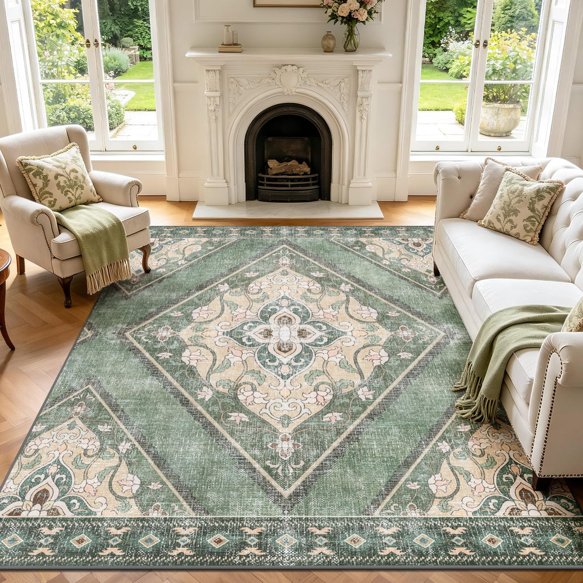 Boho Washable Rugs 5x7ft Non Slip, Low Pile Area Rug for Living Room, Brown Moroccan Bedroom Carpets, Non Shedding Soft Floor Carpet for Dining Room Bathroom Nursery Kitchen Office