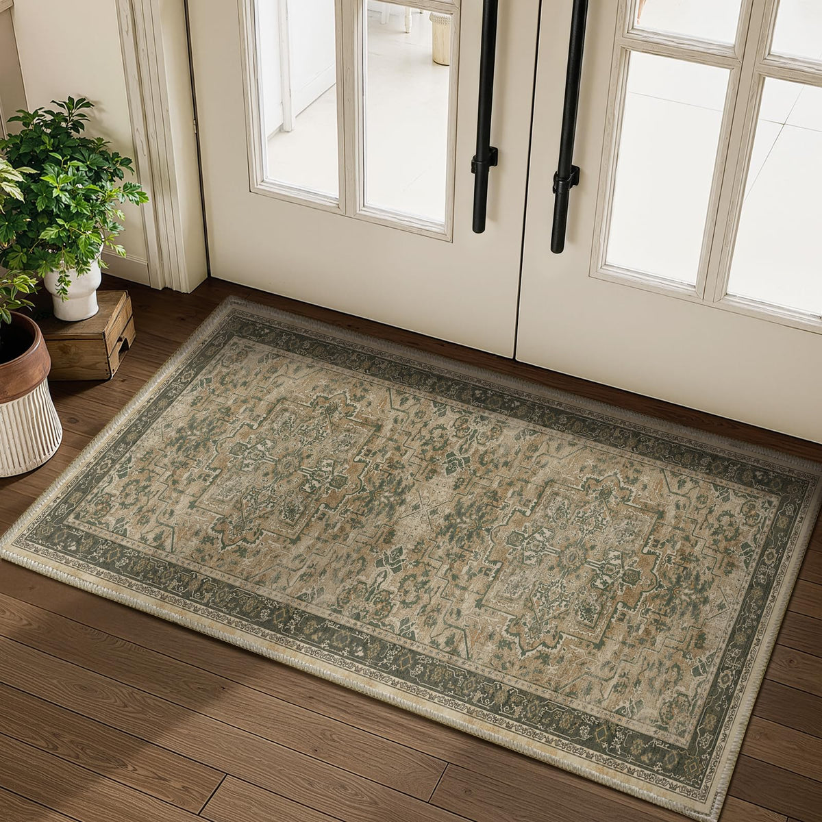 Vintage Distressed 5x7 Area Rugs for Living Room Bedroom Non Slip Washable, Medallion Pattern Printed Low Pile Thin Carpet Rugs for Dining Room/Kitchen/Home Office, Multi Brown Olive Accents