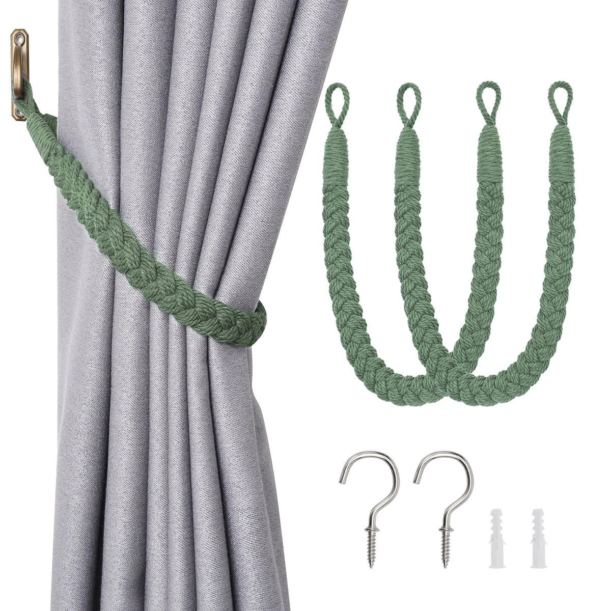 NICEEC 2 Pack Natural Cotton Rope Curtain Tiebacks Elegant Boho Style Decorative Drape Tie Backs Soft Hand-Woven Rope Curtain Holdbacks with Metal Hook for Home & Office Drapery (Coffee)