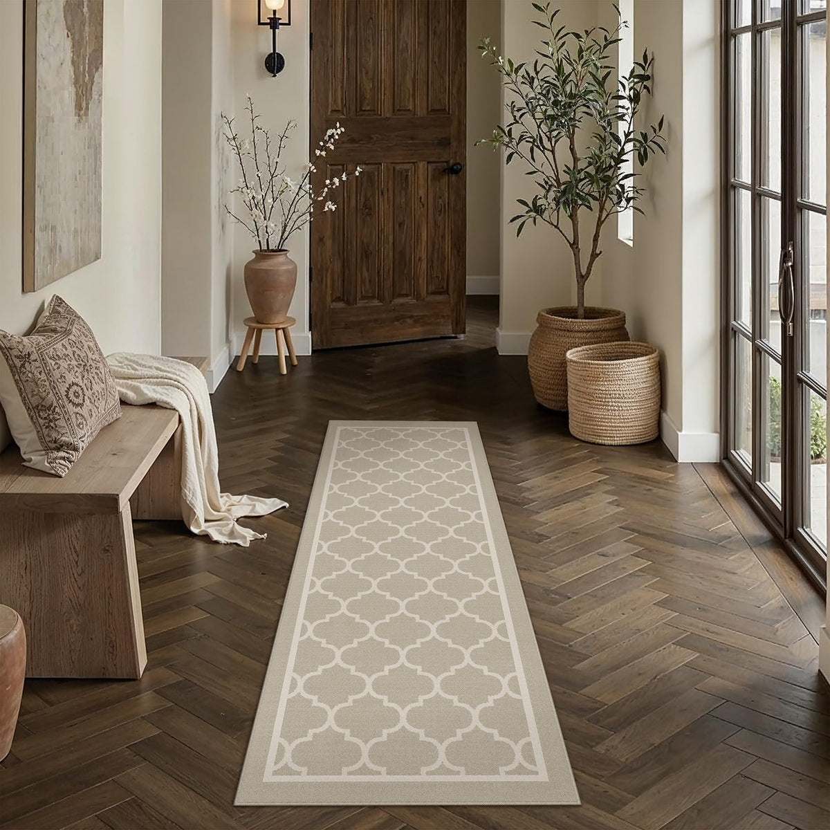 PureCozy 8x10 Washable Area Rug Living Room Beige Non Slip Checkered Carpet