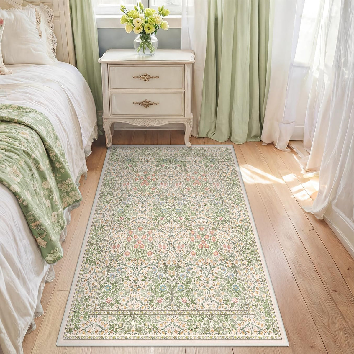 Floral Dark Green Washable Area Rugs 8x10, Vintage Living Room Rug