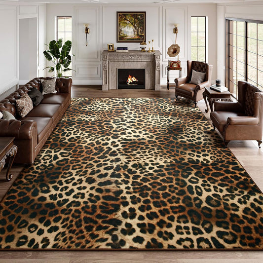 DweIke Leopard Rugs for Living Room, 6x9 Cheetah Print Rug for Bedroom Decor, Washable Non-Slip Stain Resistant Faux Animal Throw Carpet for Dining Room Office Western Home, Dark Brown