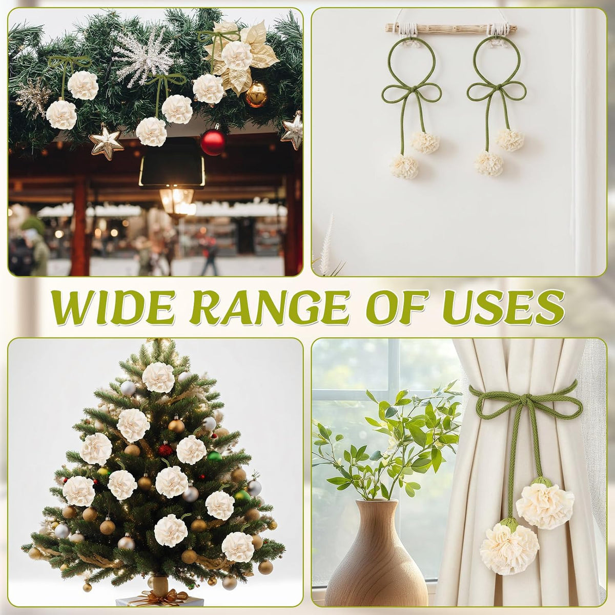 Tegeme 4 Pcs Curtain Tiebacks Flower Curtain Holdbacks Boho Floral Drapery Holdbacks No Drill DIY Decorative Ties for Home Office Wall Hangings Nursery Bedroom Decor(White,Boho Flower)